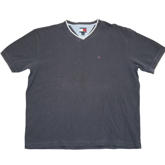Vintage Tommy Hilfiger V-Neck T-Shirt Charcoal Gray Logo Tee Men’s Size XL - Picture 1 of 3